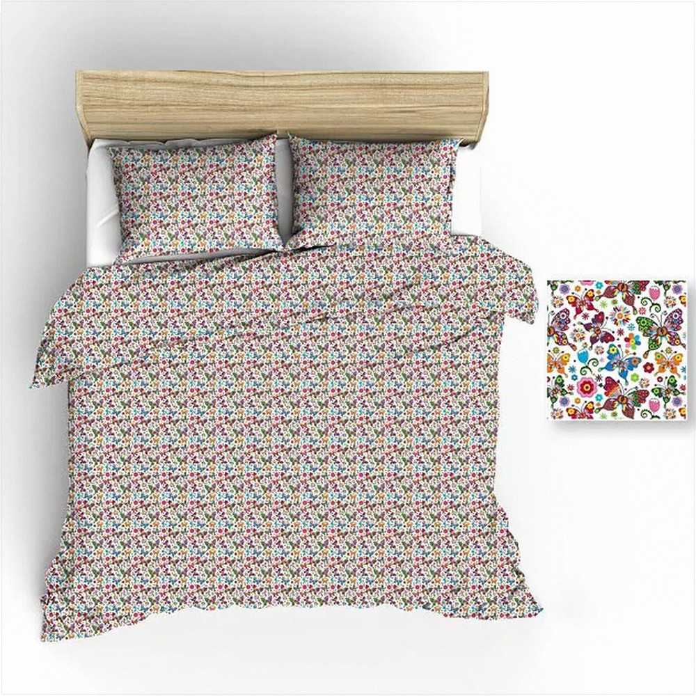 Medvilninės patalynės komplektas 180x200, spalvingi drugeliai, gėlės ir žvaigždės, balta patalynė, minkšta medvilninė patalynė, dvigulės lovos patalynės komplektas