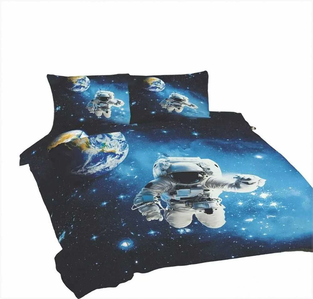 Multitex Medvilninės patalynės komplektas 220x200 cm, kosmoso tematikos juodas ir mėlynas dizainas, universalus dydis, 3 dalių rinkinys su užvalkalais, miegamojo tekstilė