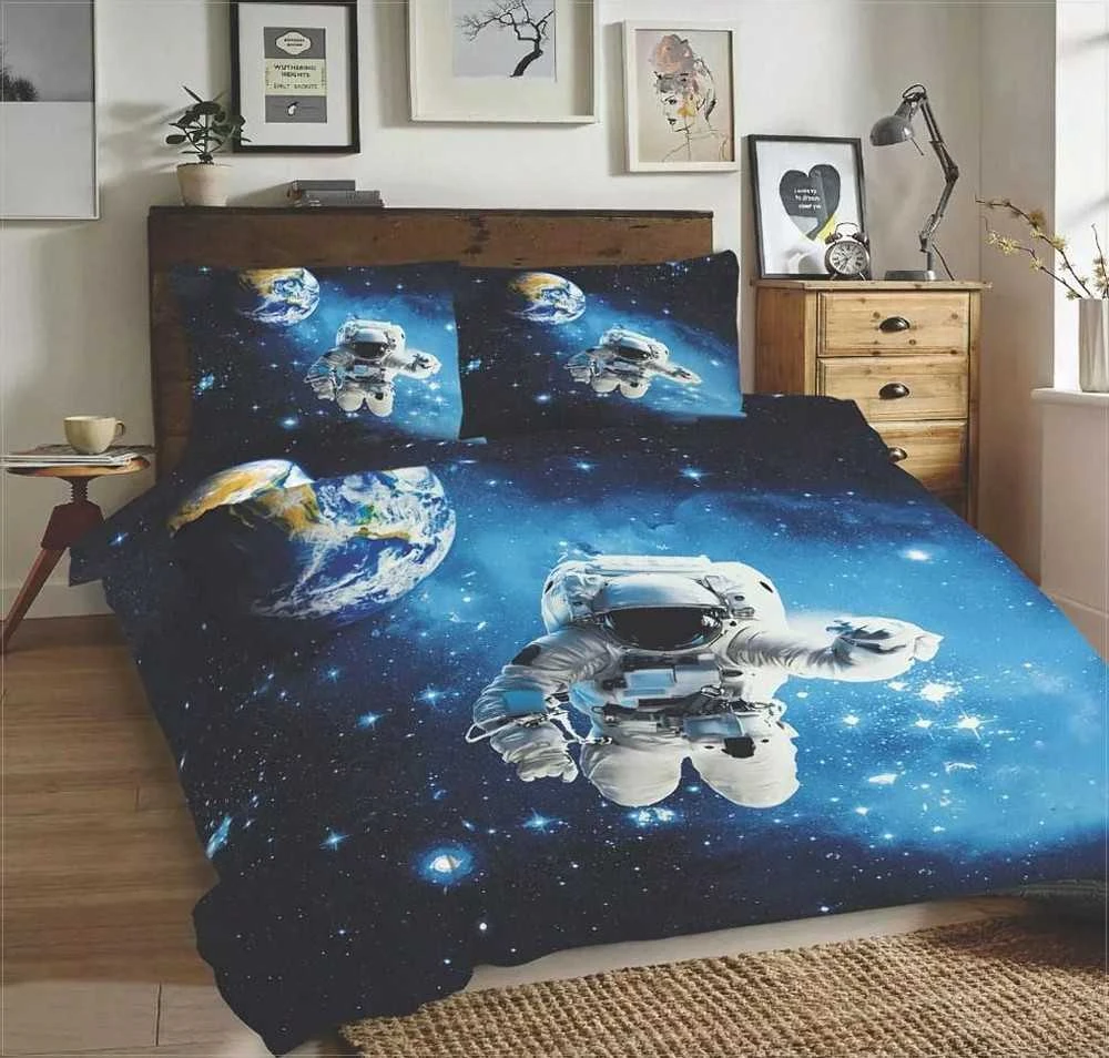 Multitex Medvilninės patalynės komplektas 220x200 cm, kosmoso tematikos juodas ir mėlynas dizainas, universalus dydis, 3 dalių rinkinys su užvalkalais, miegamojo tekstilė