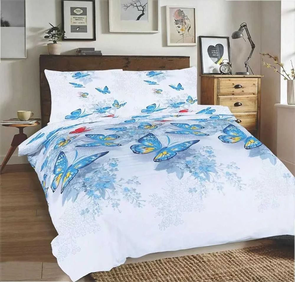 Multitex Medvilninės patalynės komplektas 220x200 cm, drugelių raštas baltos ir mėlynos spalvos, 3 dalių rinkinys su užvalkalais, OEKO-TEX sertifikatas, minkšta patalynė miegamajam