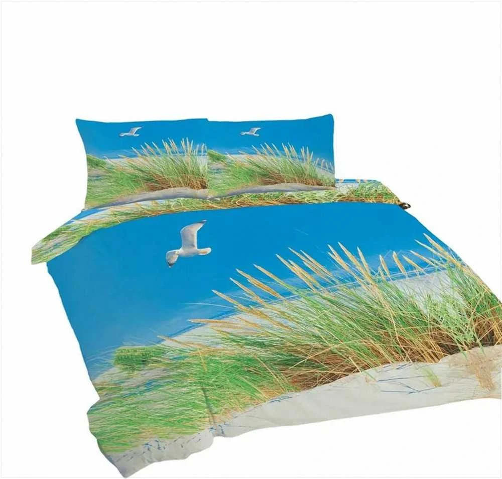 Multitex Medvilninės patalynės komplektas 220x200 cm, paplūdimio žuvėdrų ir žolės melsvai žalias raštas, 3 dalių rinkinys su antklodės ir pagalvių užvalkalais, OEKO-TEX sertifikatas, miegamojo tekstilė