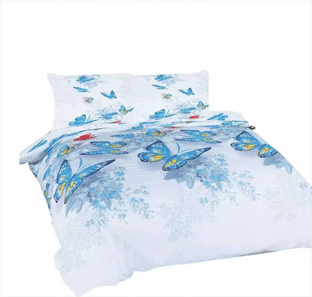 Multitex Medvilninės patalynės komplektas 220x200 cm, drugelių raštas baltos ir mėlynos spalvos, 3 dalių rinkinys su užvalkalais, OEKO-TEX sertifikatas, minkšta patalynė miegamajam
