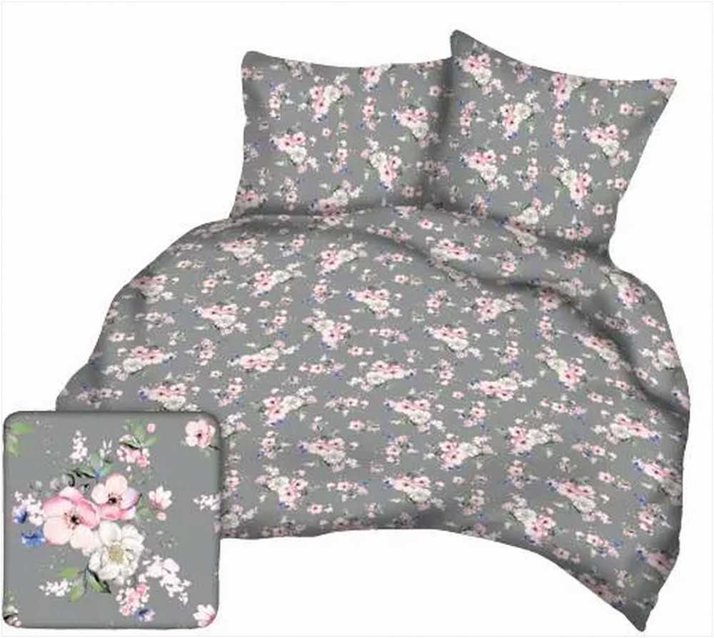 Medvilninės perkalio patalynės komplektas, 200x220 cm antklodės užvalkalas ir du pagalvių užvalkalai, pilkų obelų žiedų raštas, atsparus raukšlėjimuisi, nereikia lyginti, miegamojo tekstilė