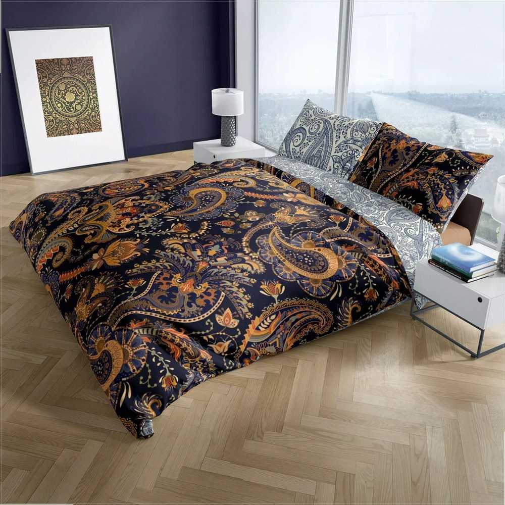 Medvilninio satino patalynės komplektas, 220x200 cm antklodės užvalkalas su paisley raštu, 2 pagalvių užvalkalai, baroko stilius, lengva priežiūra, miegamojo tekstilė