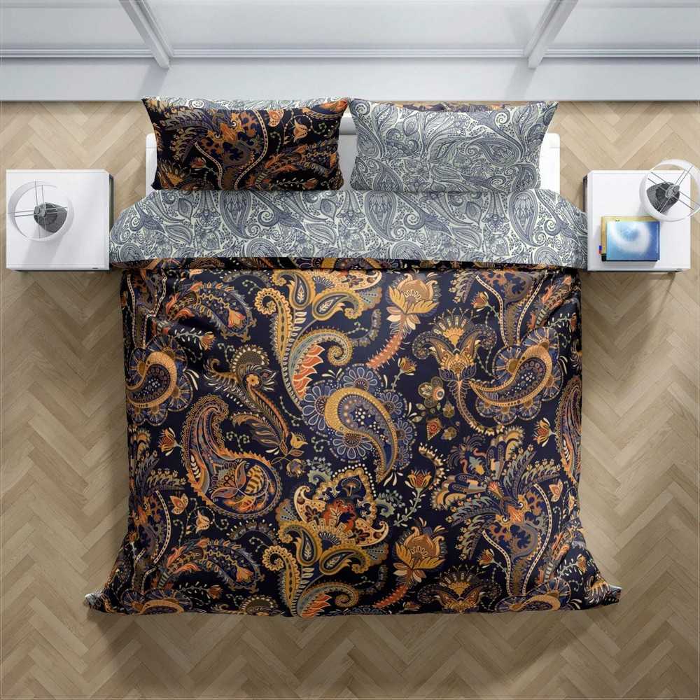 Medvilninio satino patalynės komplektas, 220x200 cm antklodės užvalkalas su paisley raštu, 2 pagalvių užvalkalai, baroko stilius, lengva priežiūra, miegamojo tekstilė