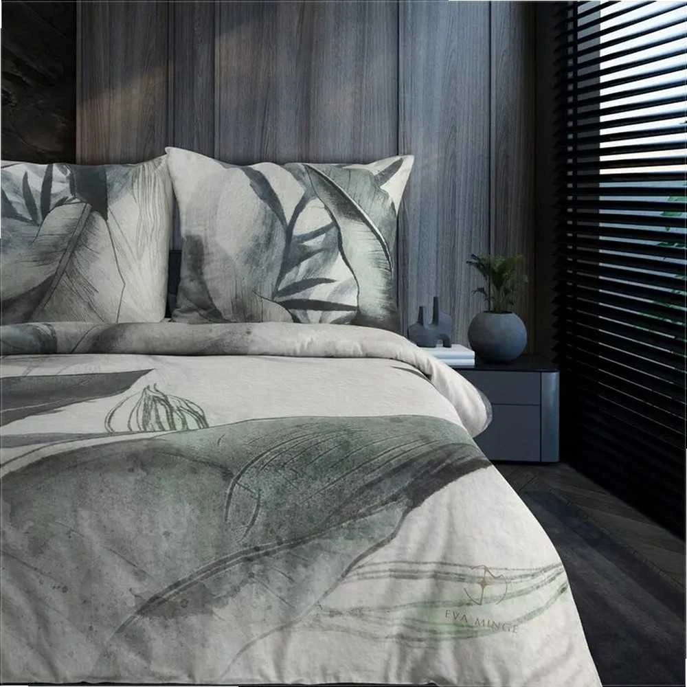 Eurofirany Medvilninio satino patalynės komplektas, 220x200 cm antklodės užvalkalas su lapų raštu, šviesiai pilka ir mėtų žalia, 3 dalių rinkinys, miegamojo tekstilė