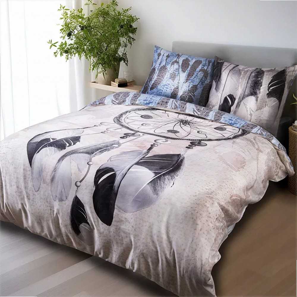 Medvilninio satino patalynės komplektas 160x200 cm, 2 pagalvių užvalkalai 70x80 cm, OEKO-TEX sertifikatas, paslėptas užtrauktukas, tamsiai mėlynos ir rožinės spalvos plunksnų raštas, minkšta patalynė