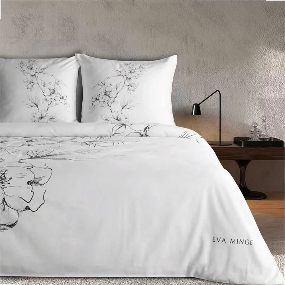Eurofirany Medvilninio satino patalynės komplektas, 220x200 cm antklodės užvalkalas su 2 pagalvių užvalkalais, baltas su juodu gėlių raštu, užtrauktukas, didelėms lovoms, miegamojo tekstilė