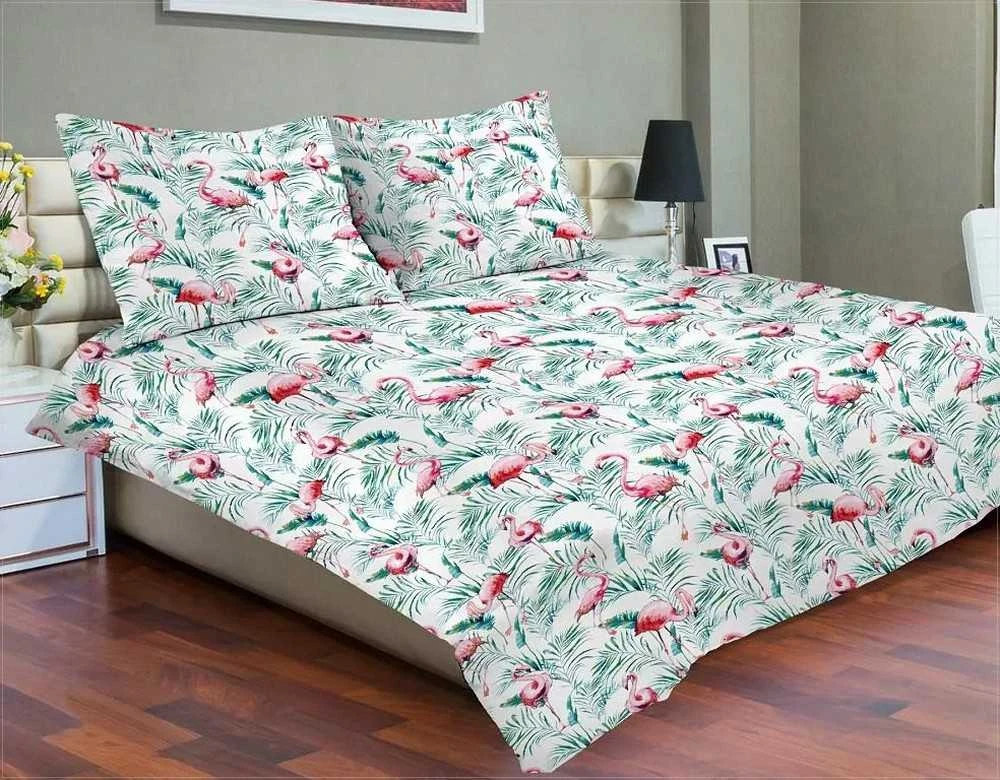 Matex Medvilninio satino patalynės komplektas 220x200, baltas ir žalias su flamingais ir palmių lapais, 3 dalių, užsegamas užtrauktuku, OEKO-TEX sertifikatas, miegamojo tekstilė