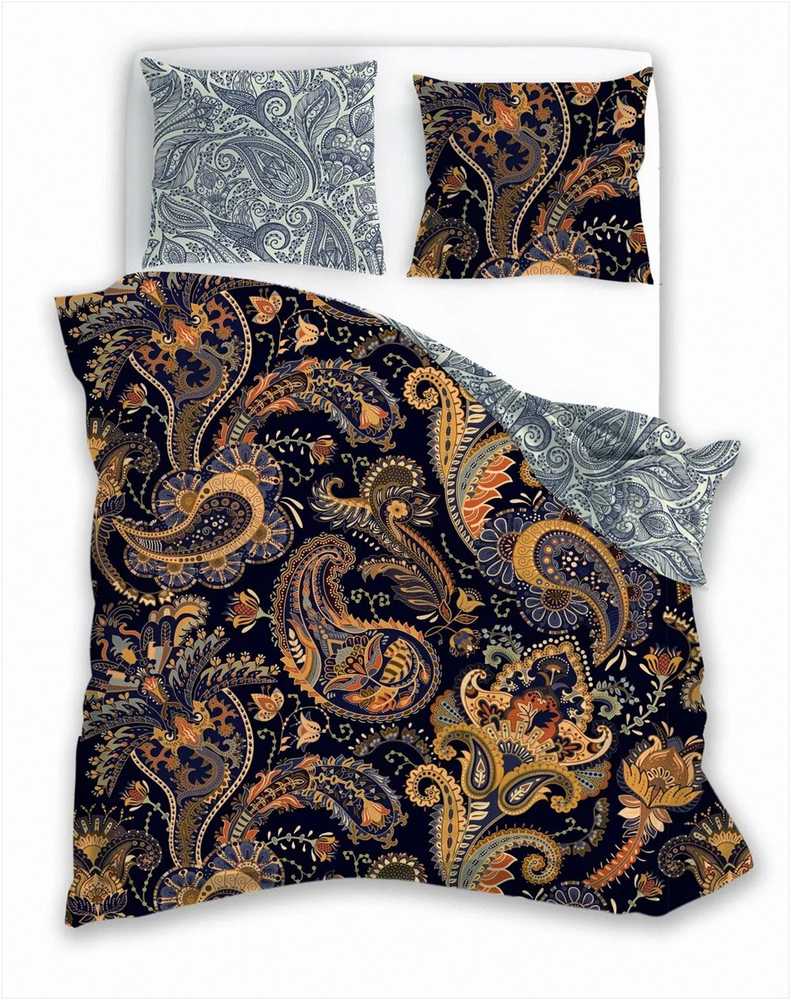 Medvilninio satino patalynės komplektas, 220x200 cm antklodės užvalkalas su paisley raštu, 2 pagalvių užvalkalai, baroko stilius, lengva priežiūra, miegamojo tekstilė