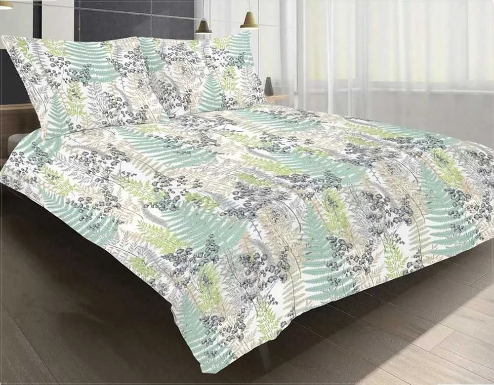 Multitex Medvilninio satino patalynės komplektas 160x200 cm, mėtų ir pilkos spalvos paparčių raštas, 3 dalių rinkinys, užtrauktuku užsegami užvalkalai, miegamojo tekstilė