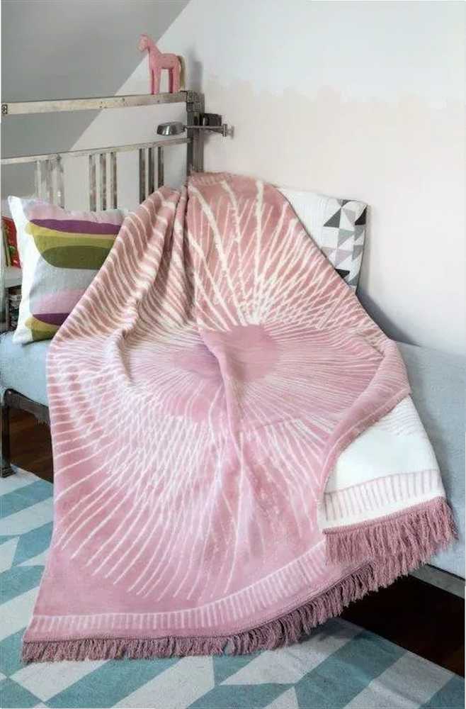 Medvilninis akrilo pledas 150x200 cm, šiltas ir švelnus užtiesalas su kutais, dvipusis, kreminės ir rožinės spalvos, namų dekoro pledas, minkšta lovatiesė