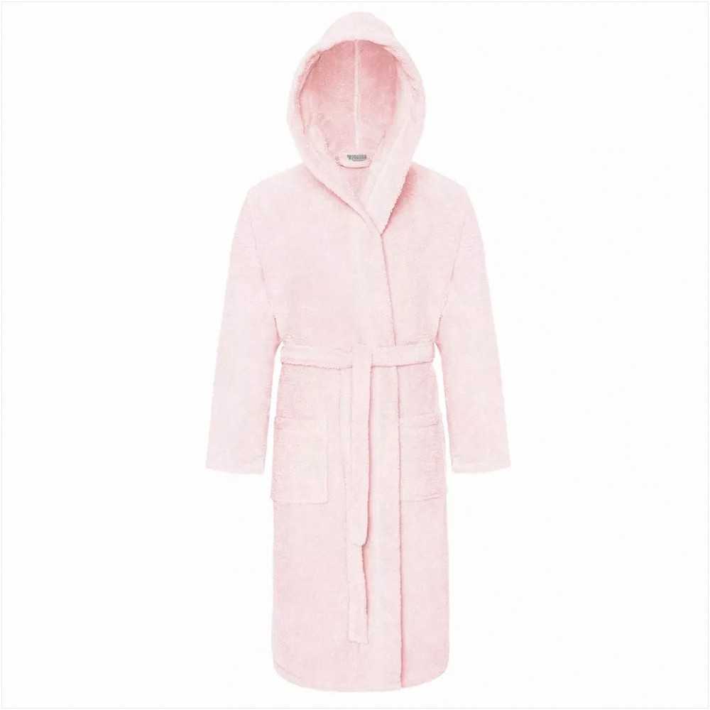 Medvilninis frotinis chalatas su gobtuvu, unisex viešbučio stiliaus, 450 g/m², kelių ilgio, pudros rožinė spalva, XXL dydis, vonios chalatas