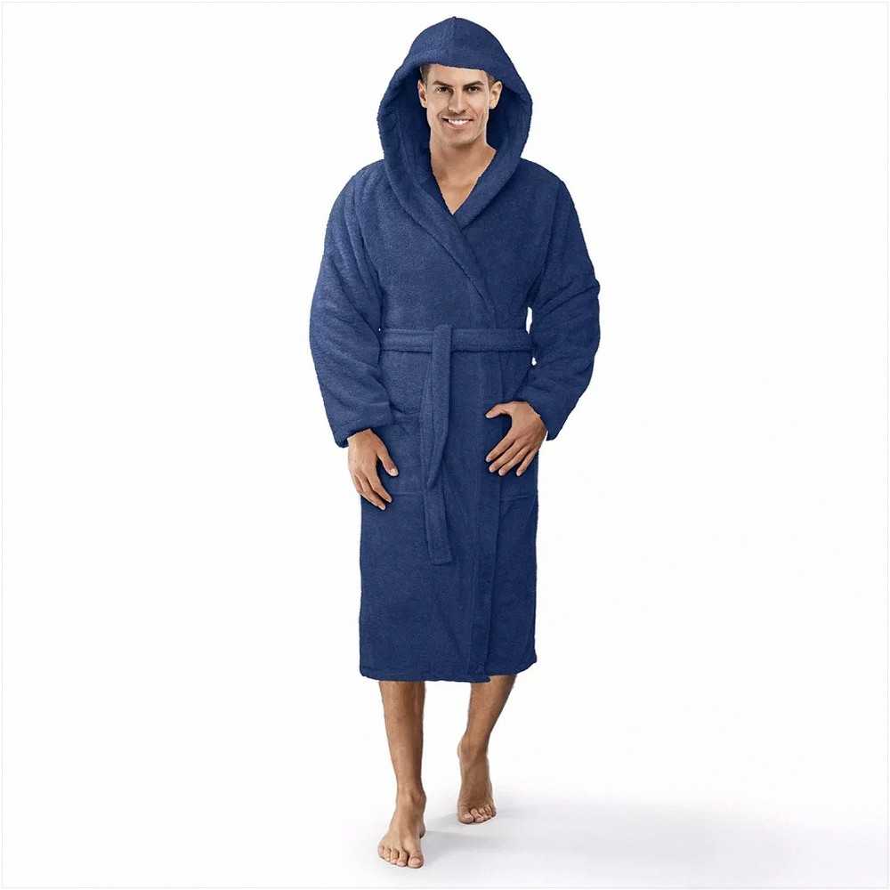 Medvilninis frotinis chalatas su gobtuvu, unisex viešbučio stiliaus chalatas, 450 g/m² sugerianti medvilnė, kelių ilgio namų chalatas, minkštas vonios chalatas