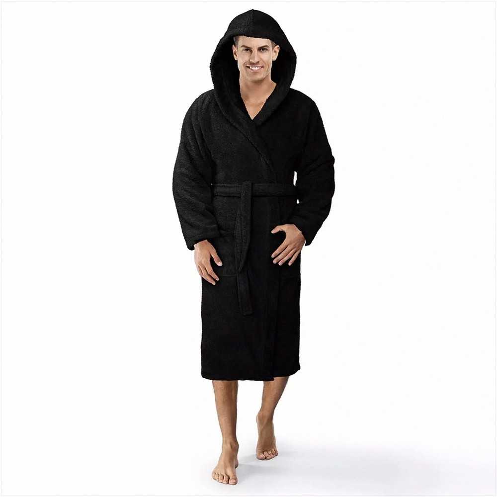 Medvilninis frotinis chalatas su gobtuvu, unisex viešbučio stiliaus, 450 g/m², iki kelių, juodas, su kišenėmis ir diržu, minkštas namų drabužis