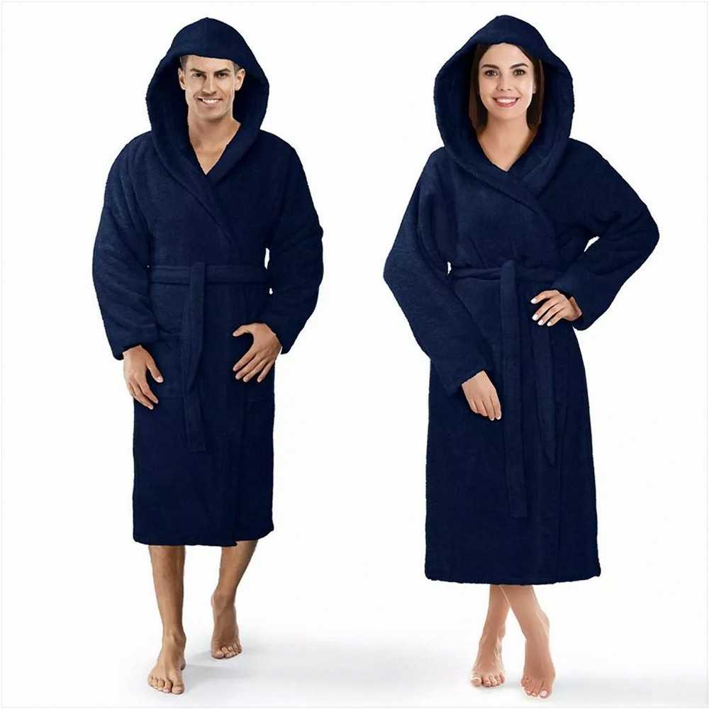 Medvilninis frotinis chalatas su gobtuvu, unisex viešbučio stiliaus chalatas, 450 g/m² svoris, ilgis iki kelių, su kišenėmis ir diržu, minkštas namų drabužis