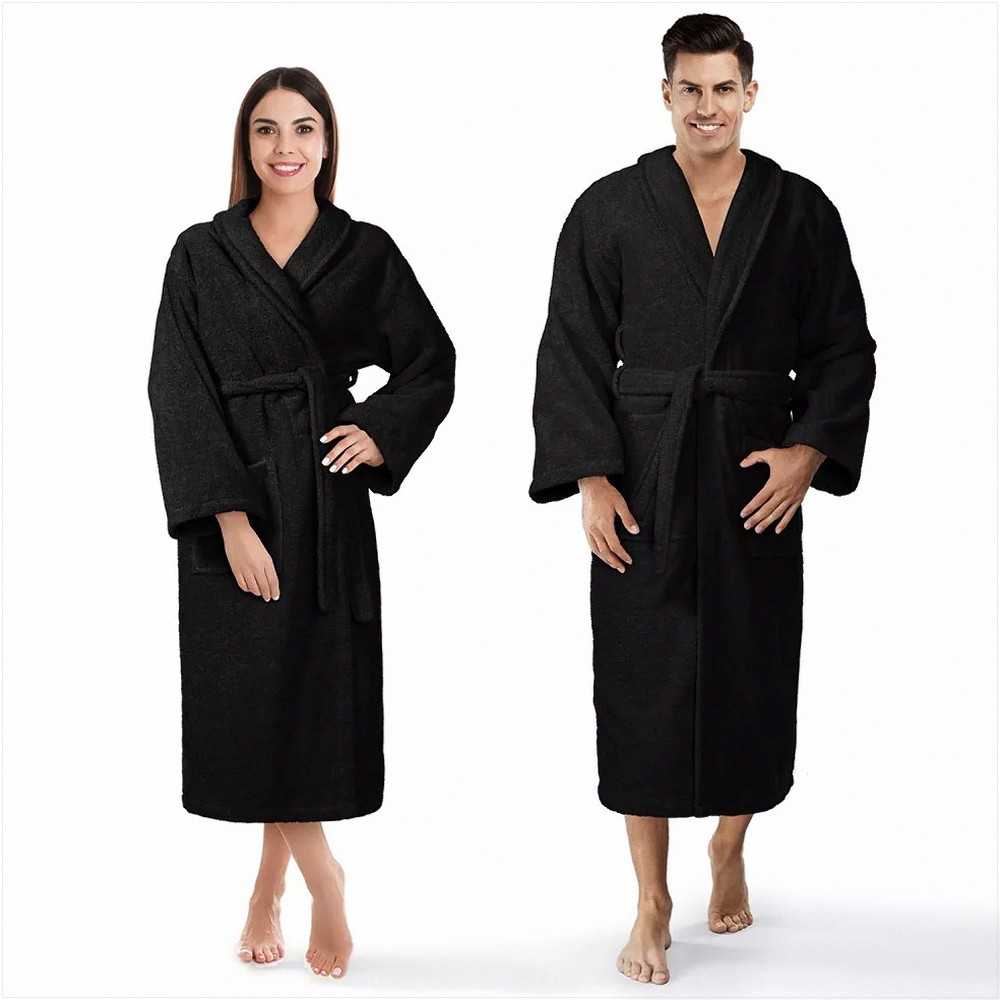 Medvilninis frotinis chalatas su gobtuvu, unisex viešbučio stiliaus, 450 g/m², iki kelių, juodas, su kišenėmis ir diržu, minkštas namų drabužis