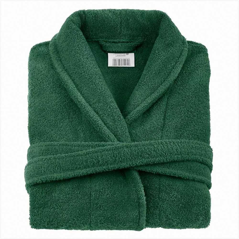 Medvilninis frotinis chalatas, unisex dizainas, ilgis iki kelių, su juosmens diržu ir šoninėmis kišenėmis, 450 g/m² tankis, butelio žalios spalvos, S ir M dydžiai, minkštas namų chalatas