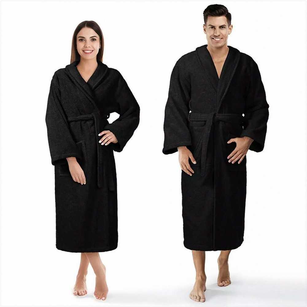 Medvilninis frotinis chalatas, unisex viešbučio stiliaus, 450 g/m² svoris, iki kelių su kišenėmis, juodas, minkštas chalatas namams