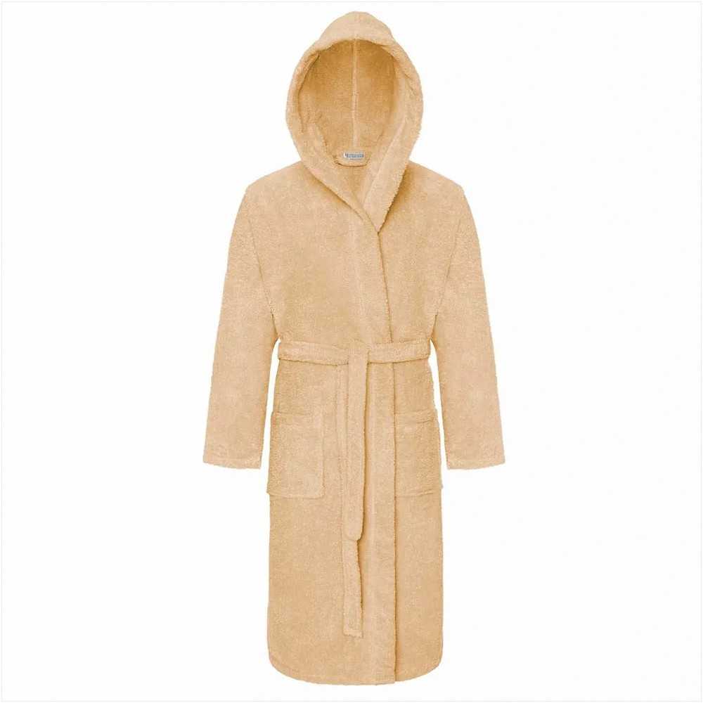 Medvilninis kilpinis chalatas su gobtuvu, unisex viešbučio stiliaus, 450 g/m² tankis, chalatas iki kelių su kišenėmis ir diržu, smėlio spalvos sugeriantis medvilninis chalatas, minkštas namų drabužis