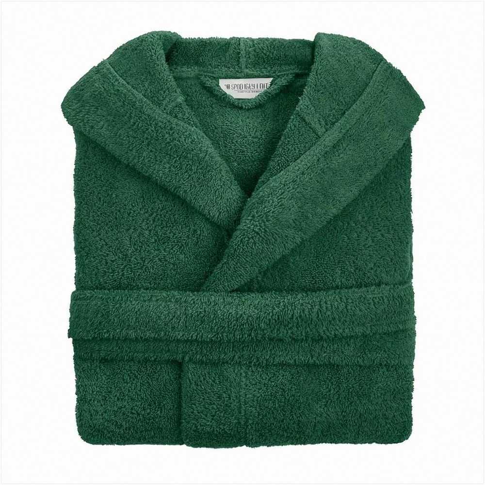 Medvilninis kilpinis chalatas su gobtuvu, unisex dizainas iki kelių, 450 g/m² tankis, sugeriantis viešbučio tipo chalatas, tamsiai žalia spalva, minkštas namų drabužis