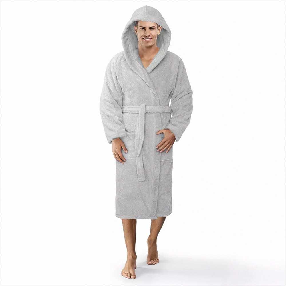 Medvilninis kilpinis chalatas su gobtuvu, unisex XXL dydis, 450 g/m² tankis, kelius siekiantis viešbučio stiliaus chalatas, pilkas medvilninis chalatas su kišenėmis, vonios apranga