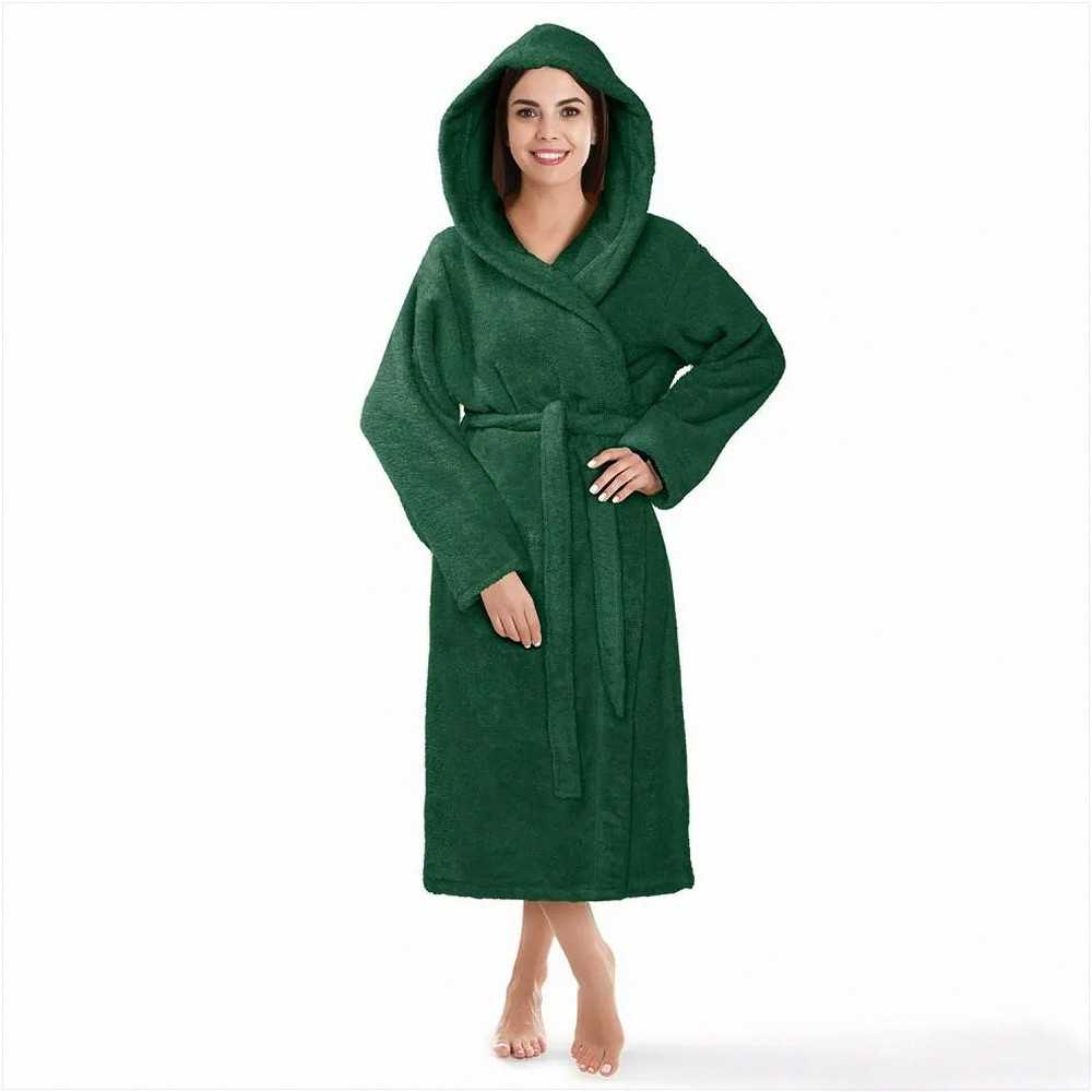 Medvilninis kilpinis chalatas su gobtuvu, unisex dizainas iki kelių, 450 g/m² tankis, sugeriantis viešbučio tipo chalatas, tamsiai žalia spalva, minkštas namų drabužis