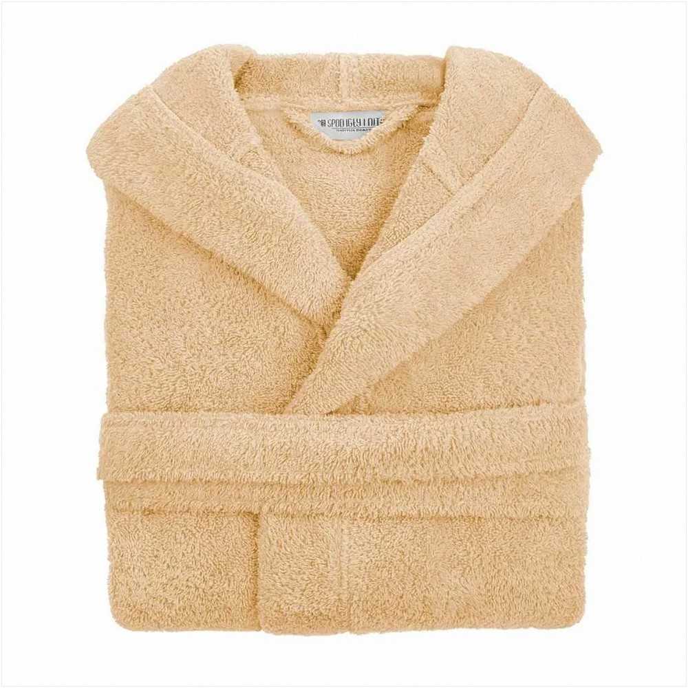 Medvilninis kilpinis chalatas su gobtuvu, unisex viešbučio stiliaus, 450 g/m² tankis, chalatas iki kelių su kišenėmis ir diržu, smėlio spalvos sugeriantis medvilninis chalatas, minkštas namų drabužis