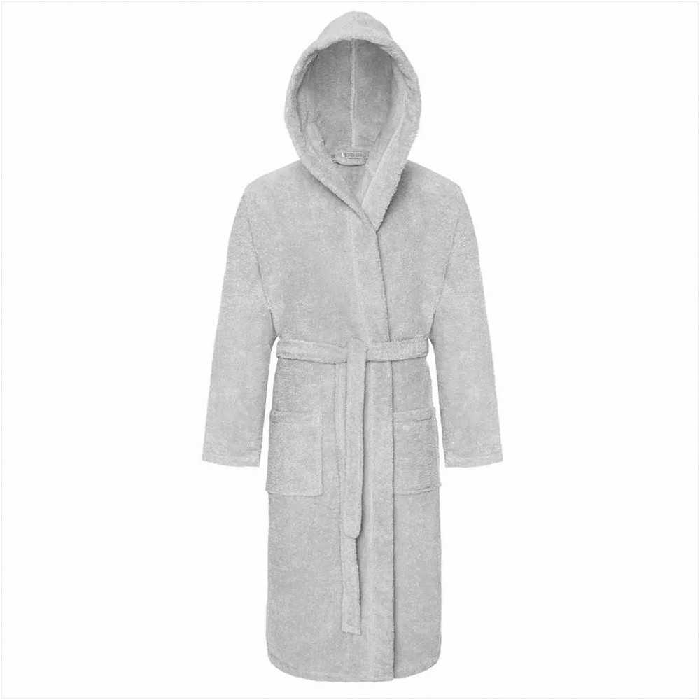 Medvilninis kilpinis chalatas su gobtuvu, unisex XXL dydis, 450 g/m² tankis, kelius siekiantis viešbučio stiliaus chalatas, pilkas medvilninis chalatas su kišenėmis, vonios apranga