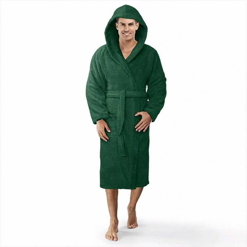 Medvilninis kilpinis chalatas su gobtuvu, unisex dizainas iki kelių, 450 g/m² tankis, sugeriantis viešbučio tipo chalatas, tamsiai žalia spalva, minkštas namų drabužis