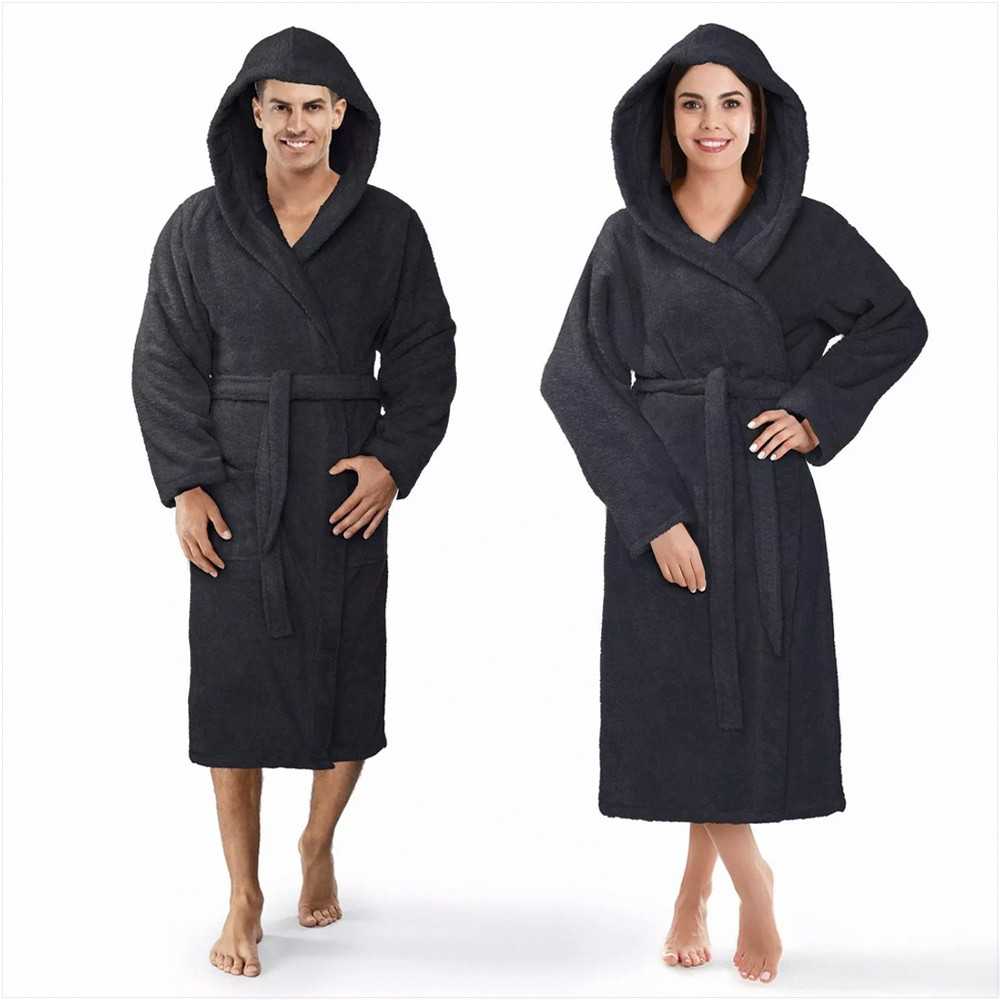 Medvilninis kilpinis chalatas su gobtuvu, unisex viešbučio stiliaus chalatas, 450 g/m² sugeriantis namų rūbas, medvilninis chalatas iki kelių su kišenėmis, minkštas vonios chalatas