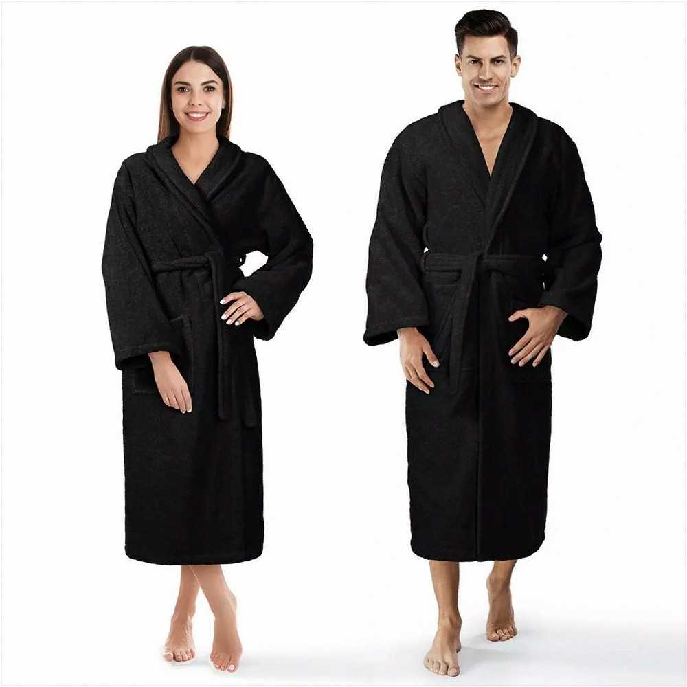 Medvilninis kilpinis chalatas, unisex dizainas, 450 g/m² tankis, iki kelių su diržu ir kišenėmis, juodas viešbučio stiliaus chalatas, minkštas namų drabužis