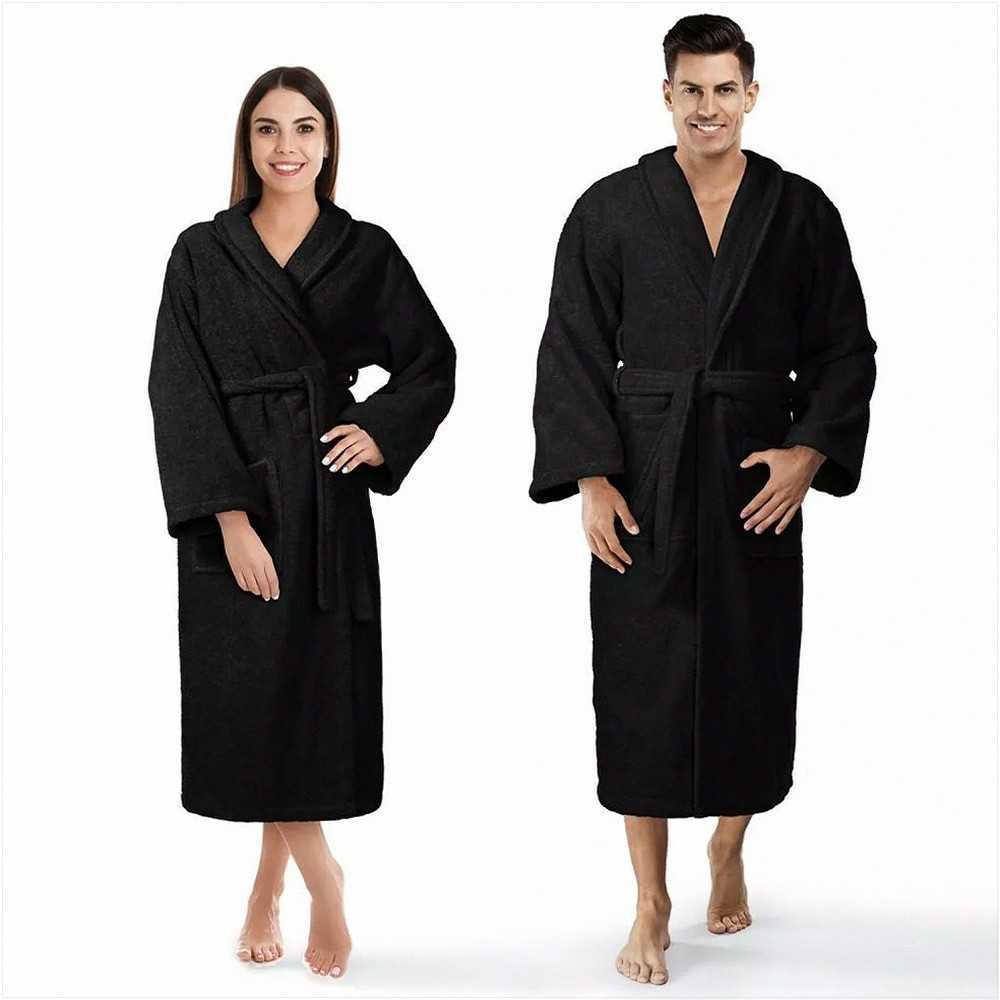 Medvilninis kilpinis chalatas, unisex kelius siekiantis chalatas su diržu ir kišenėmis, 450 g/m² tankis, viešbučio stiliaus namų drabužis