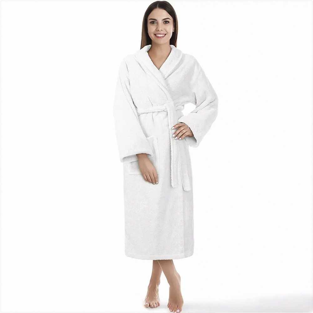Medvilninis kilpinis chalatas, unisex viešbučio stiliaus, 450 g/m², L/XL dydis, baltas, su diržu ir šoninėmis kišenėmis, minkštas chalatas namams