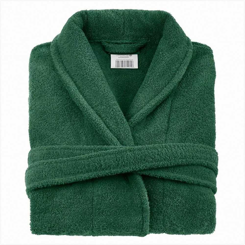 Medvilninis kilpinis chalatas, unisex viešbučio stiliaus chalatas, 450 g/m² tankis, ilgis iki kelių su kišenėmis, butelio žalumo spalva, minkštas vonios chalatas