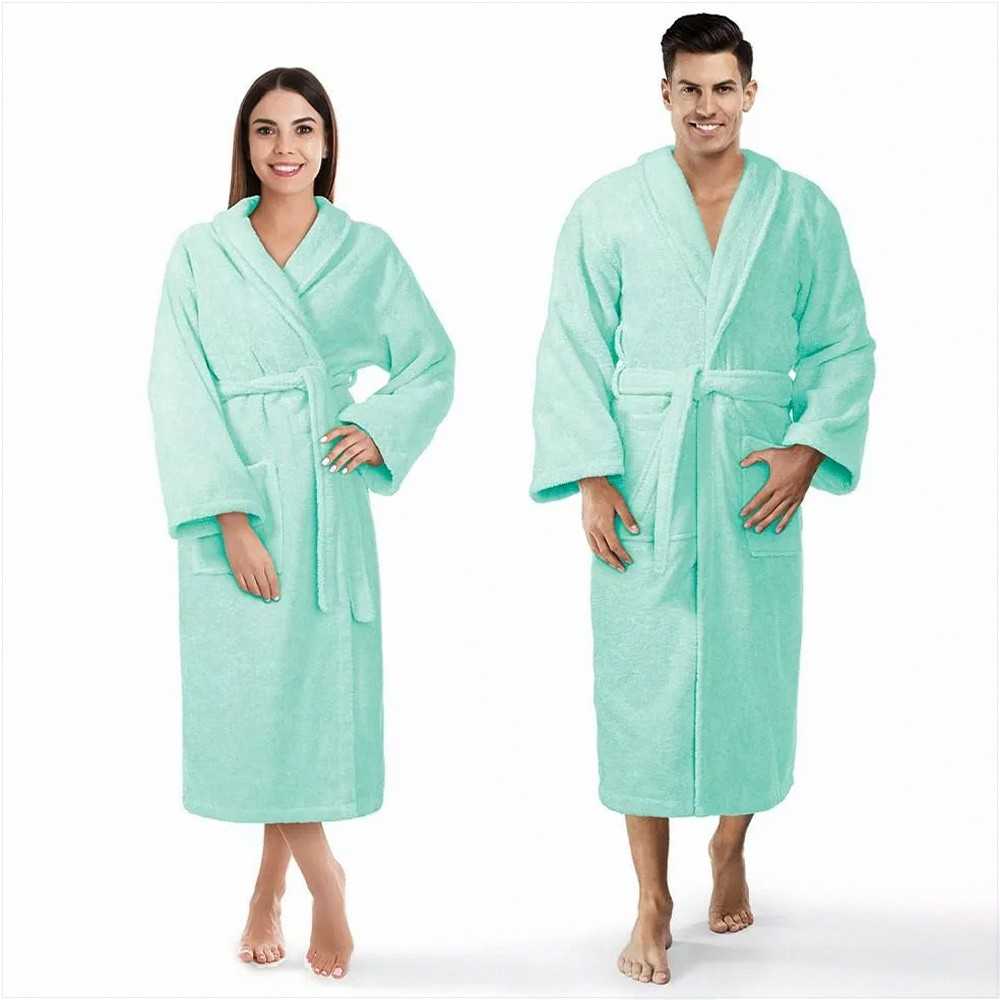 Medvilninis kilpinis chalatas, unisex viešbučio stiliaus chalatas, 450 g/m² tankis, iki kelių su kišenėmis, mėtų žalia spalva, minkštas vonios chalatas