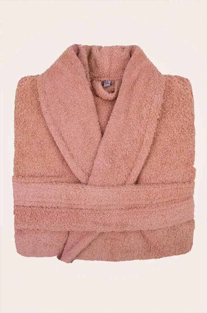 Medvilninis kilpinis chalatas, unisex viešbučio stiliaus, 450 g/m² tankis, ilgis iki kelių su kišenėmis, pudros rožinė XXL, minkštas chalatas namams