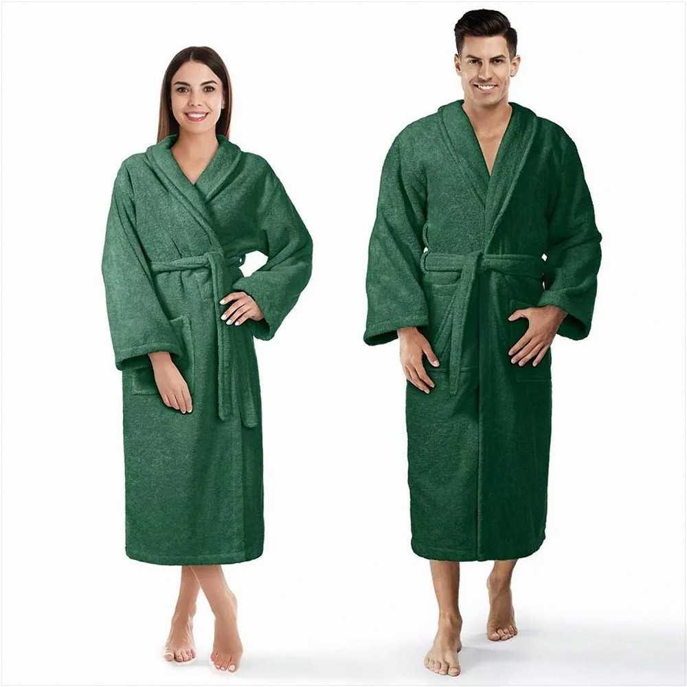 Medvilninis kilpinis chalatas, unisex viešbučio stiliaus chalatas, 450 g/m² tankis, ilgis iki kelių su kišenėmis, butelio žalumo spalva, minkštas vonios chalatas