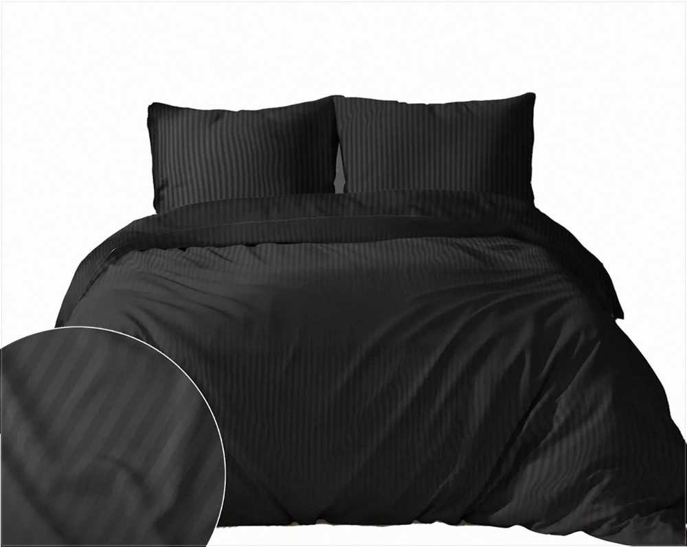 Medvilninis satino patalynės komplektas, 220x200 cm antklodės užvalkalas su 1 cm juostelėmis, juoda spalva, 3 dalių rinkinys su pagalvių užvalkalais, miegamojo tekstilė