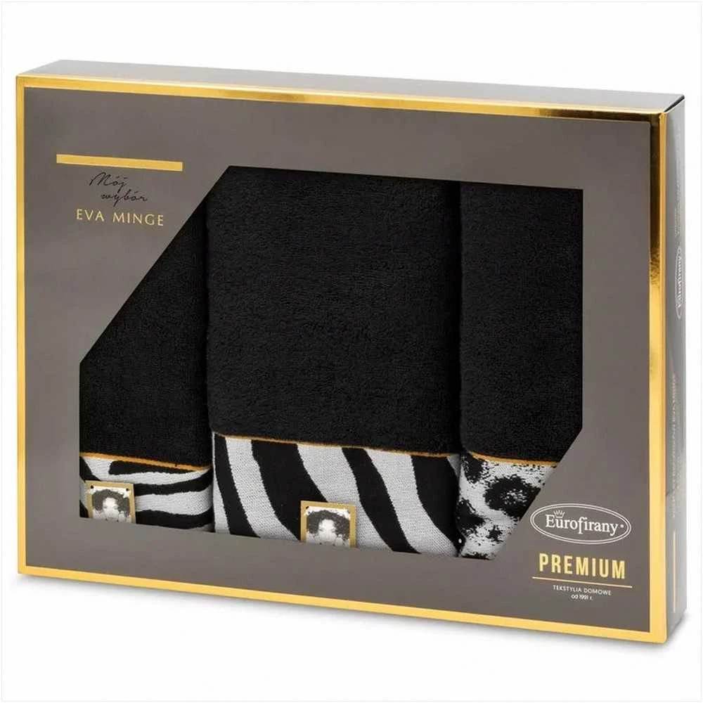 Rankšluostis Eurofirany Medvilninių rankšluosčių rinkinys dėžutėje 3 vnt., 500g/m², juodas zebro raštas, dekoratyviniai elementai, 30x50 cm 50x90 cm 70x140 cm, vonios tekstilė