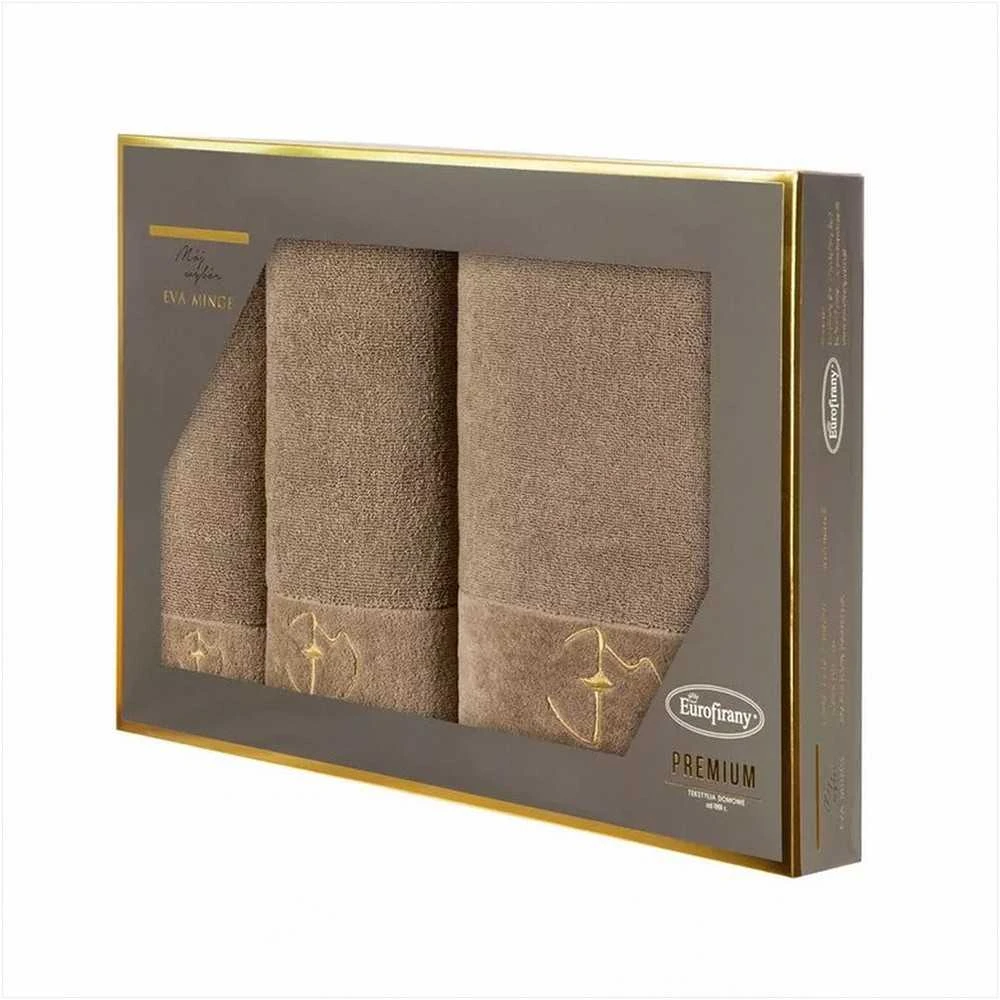 Eurofirany Medvilninių rankšluosčių rinkinys dėžutėje, 3 dalys, 550 g/m², veliūrinis apvadas, siuvinėtas logotipas, rankšluostis rankoms, vonios rankšluostis, didelis rankšluostis, dovana voniai
