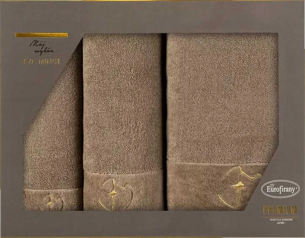 Eurofirany Medvilninių rankšluosčių rinkinys dėžutėje, 3 dalys, 550 g/m², veliūrinis apvadas, siuvinėtas logotipas, rankšluostis rankoms, vonios rankšluostis, didelis rankšluostis, dovana voniai