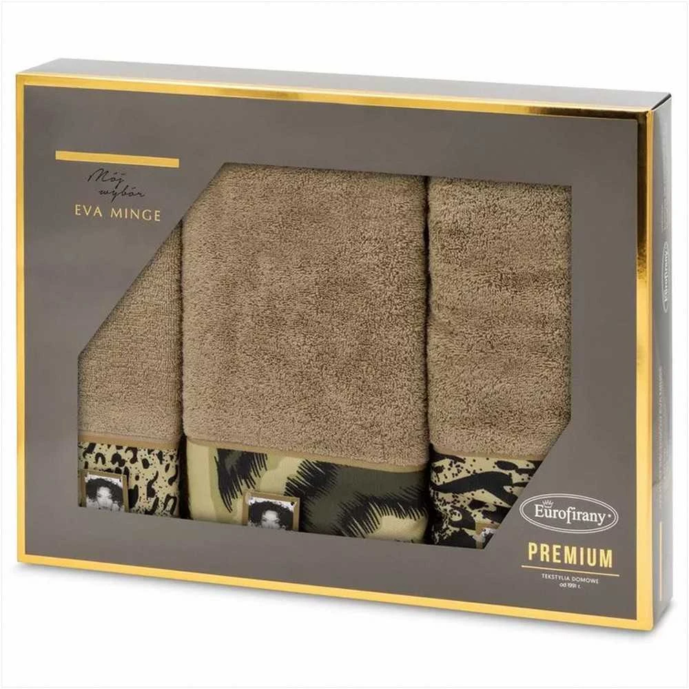 Rankšluostis Eurofirany Medvilninių rankšluosčių rinkinys dėžutėje, 3 dalys, 500g/m², dekoratyviniai elementai, 30x50 cm, 50x90 cm, 70x140 cm, smėlio spalva, vonios tekstilė