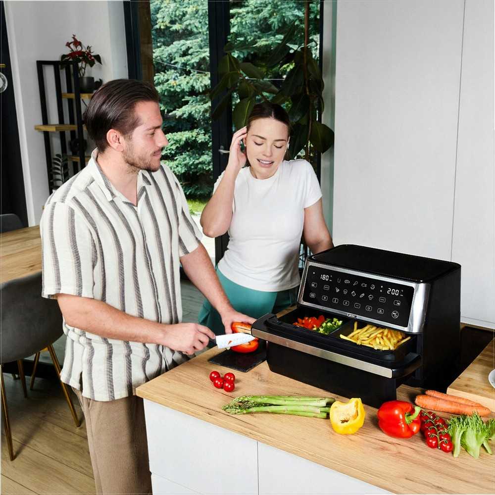 Megacrisp 11 litrų karšto oro gruzdintuvė, didelės galios 2800W, 6-in-1 daugiafunkcis virtuvės prietaisas, didelės talpos gruzdintuvė, orkaitė, grilis, džiovyklė, konvekcinė krosnelė