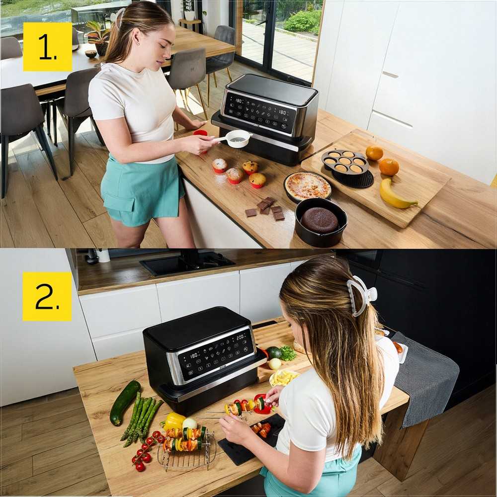 Megacrisp 11 litrų karšto oro gruzdintuvė, didelės galios 2800W, 6-in-1 daugiafunkcis virtuvės prietaisas, didelės talpos gruzdintuvė, orkaitė, grilis, džiovyklė, konvekcinė krosnelė