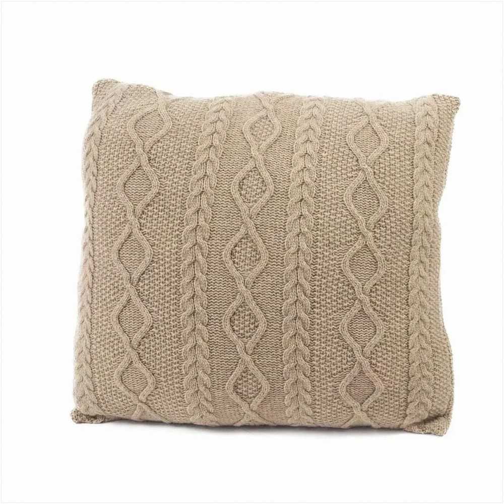Merino vilnos dekoratyvinė pagalvė, 45x45 cm, pintas deimantų raštas, atminties putų ir silikoninių rutuliukų užpildas, šviesiai ruda, minkšta pagalvėlė