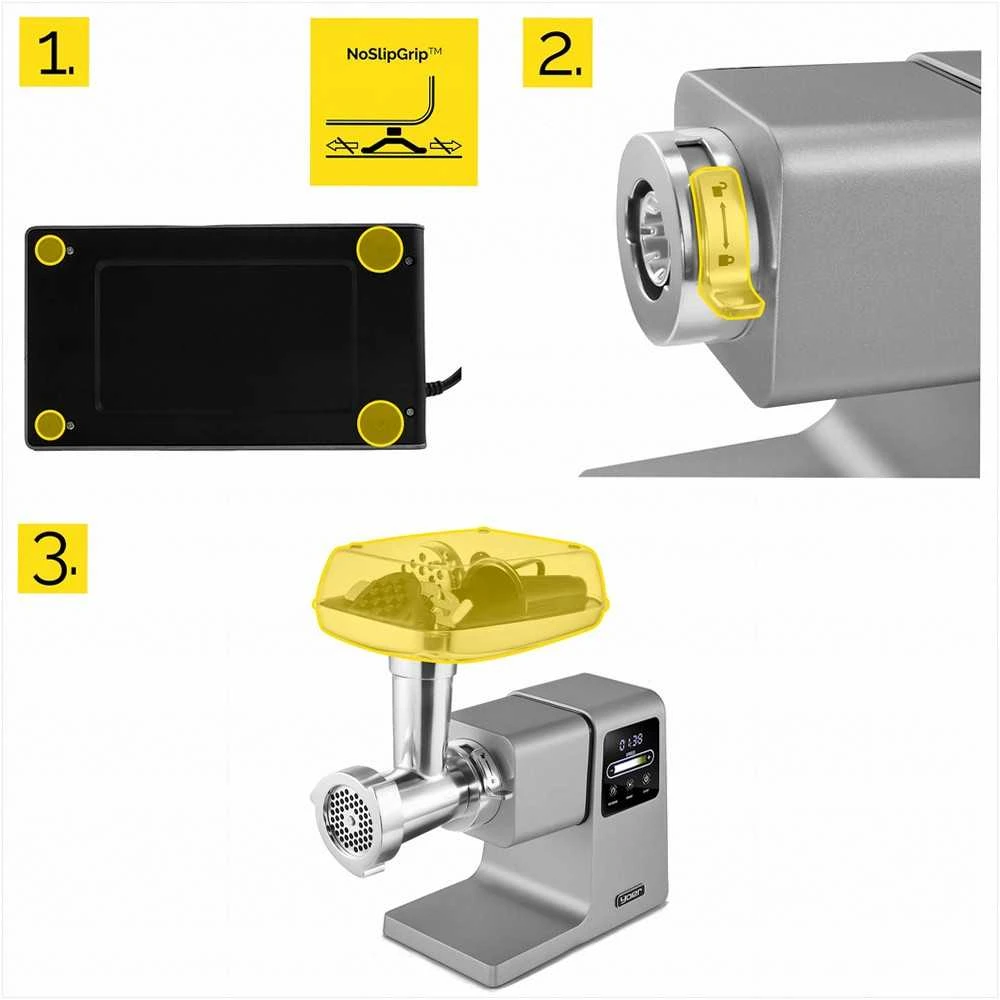 Mėsmalė Grindforce 7-in-1 metalinė mėsos malimo mašina malimui, sulčių spaudimui, smulkinimui, didelė galia 2500W, nerūdijančio plieno daugiafunkcis virtuvinis kombainas, 7 in 1 mėsos malūnėlis, metalinė mėsos malyklė su priedais, elektrinė pjaustyklė