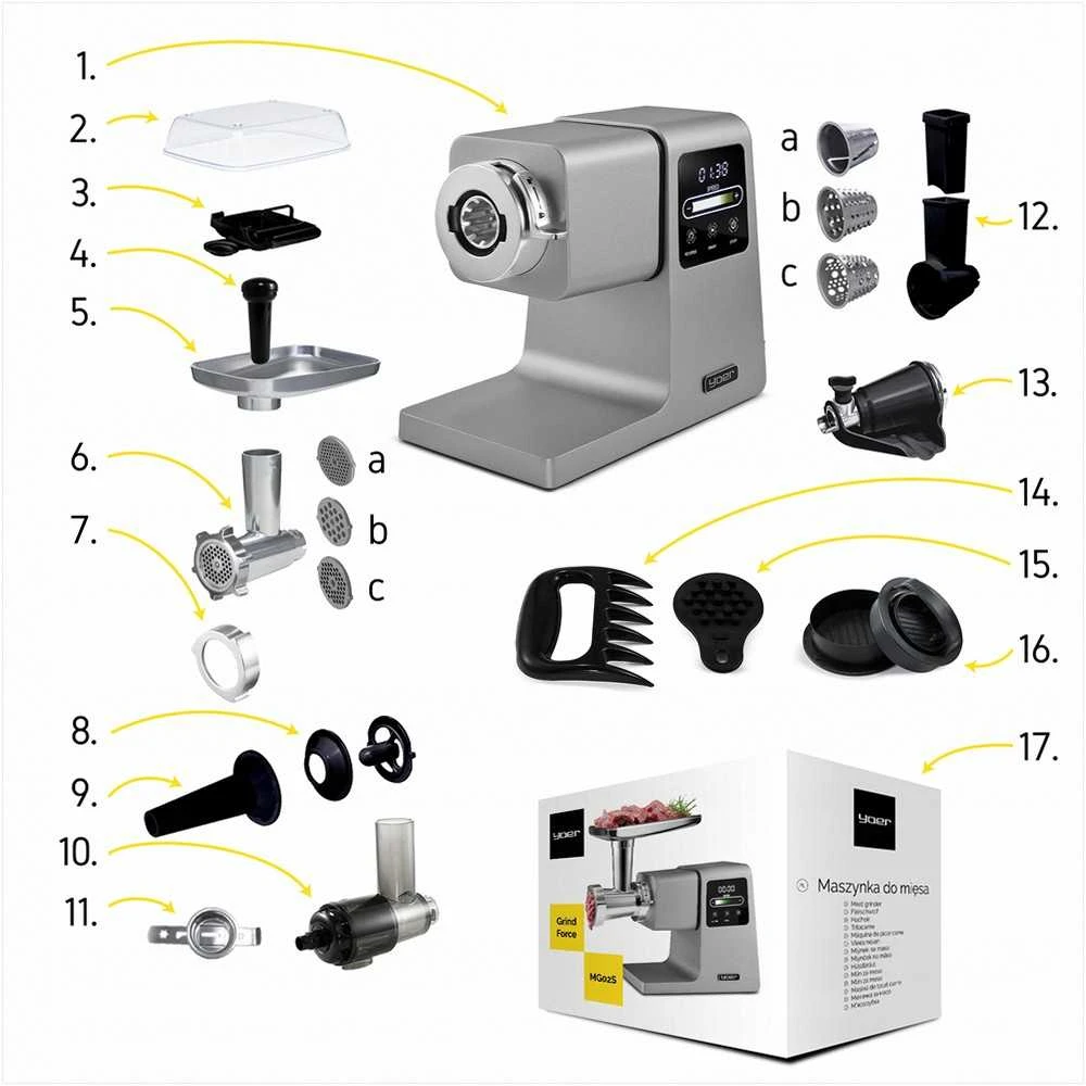 Mėsmalė Grindforce 7-in-1 metalinė mėsos malimo mašina malimui, sulčių spaudimui, smulkinimui, didelė galia 2500W, nerūdijančio plieno daugiafunkcis virtuvinis kombainas, 7 in 1 mėsos malūnėlis, metalinė mėsos malyklė su priedais, elektrinė pjaustyklė
