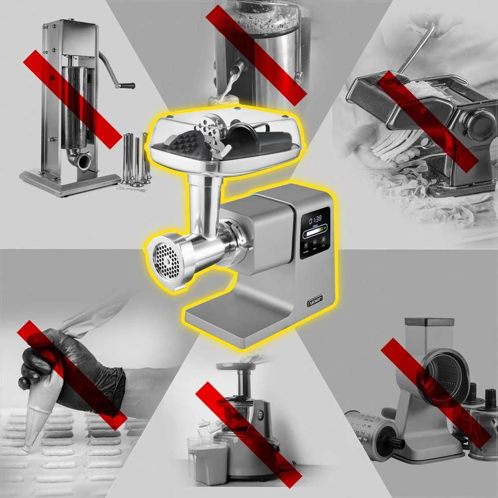 Mėsmalė Grindforce 7-in-1 metalinė mėsos malimo mašina malimui, sulčių spaudimui, smulkinimui, didelė galia 2500W, nerūdijančio plieno daugiafunkcis virtuvinis kombainas, 7 in 1 mėsos malūnėlis, metalinė mėsos malyklė su priedais, elektrinė pjaustyklė