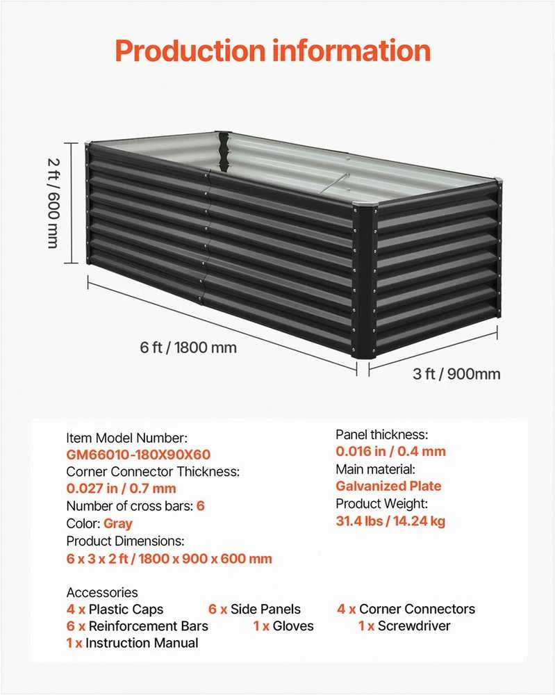 Metalinė pakeliama lysvė daržovėms ir žolelėms, cinkuota tvirta sodinimo dėžė, atviro dugno konstrukcija, 1800 mm x 900 mm x 600 mm sodo lysvė